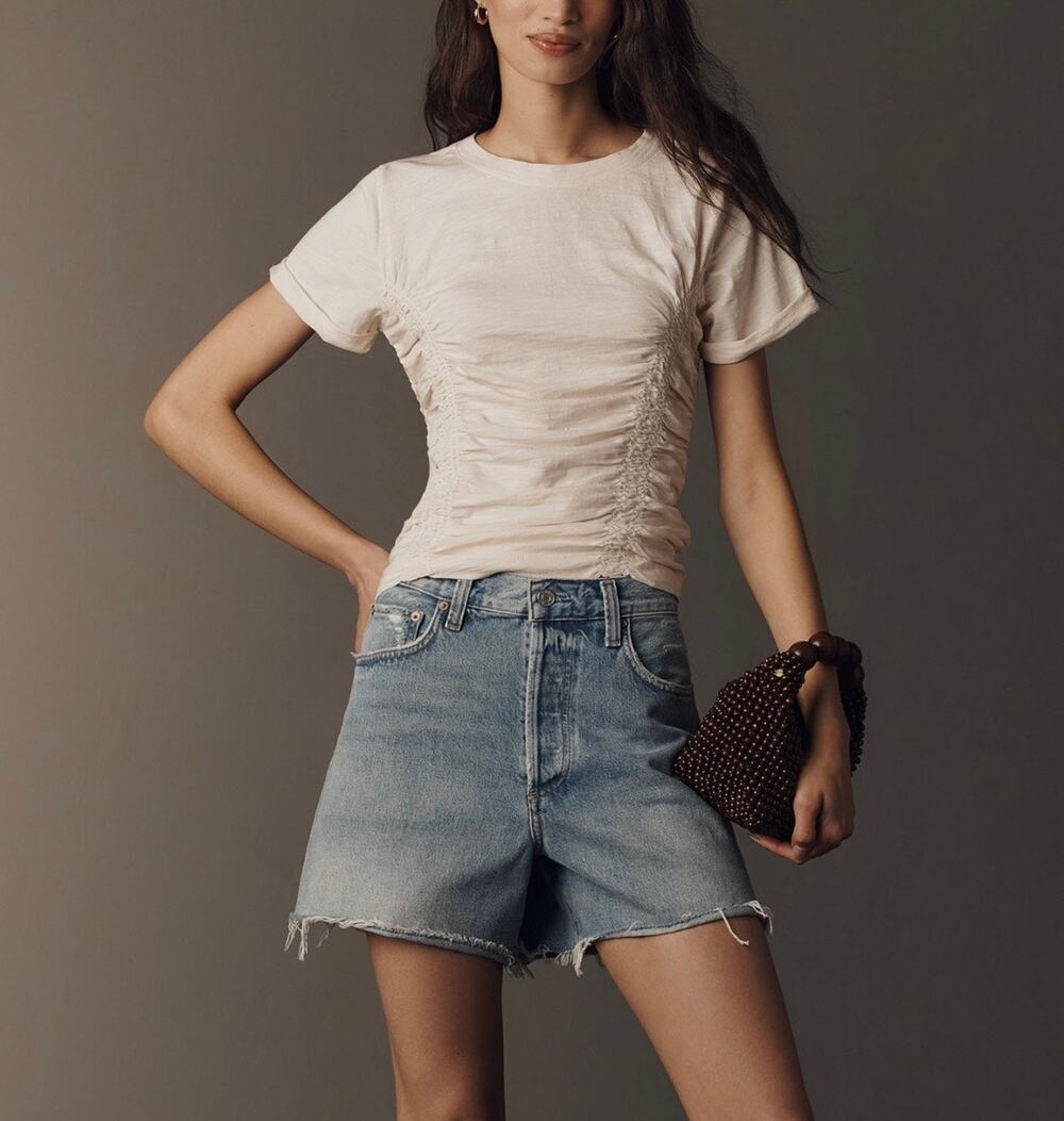 Pilcro by Anthropologie Ruched T-Shirt Cream Size L